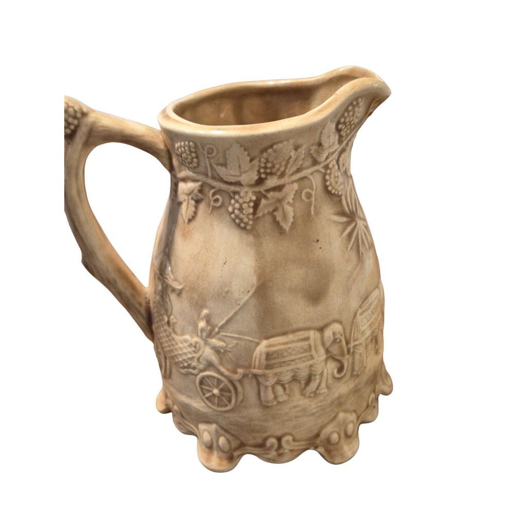 Antique Victorian Drabware Pitcher Dragon Camels Elephant Grapes Pitcher England - Picture 3 of 9
